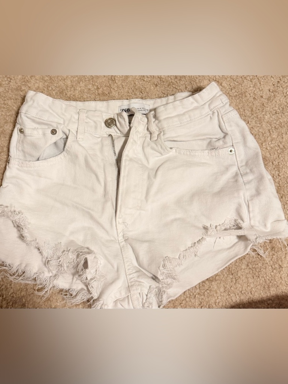 Zara White Distressed Denim Shorts
